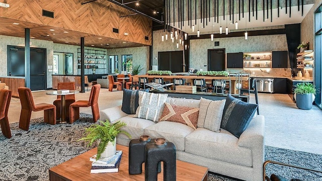 living room with a towering ceiling