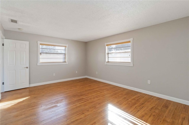 unfurnished room featuring plenty of natural light, a textured ceiling, and light wood-type flooring