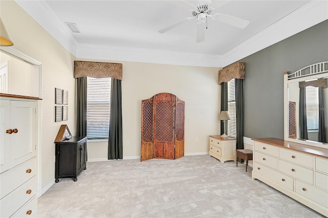 bedroom with ceiling fan and light carpet