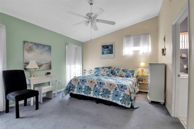 bedroom featuring carpet flooring, ceiling fan, and lofted ceiling