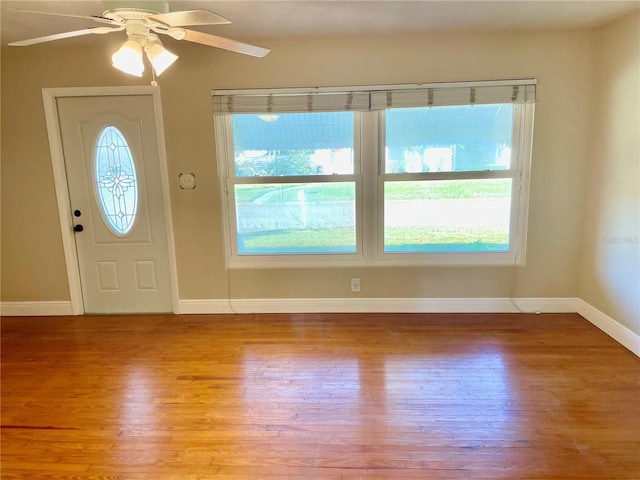 foyer entrance featuring light wood-type flooring, plenty of natural light, and ceiling fan