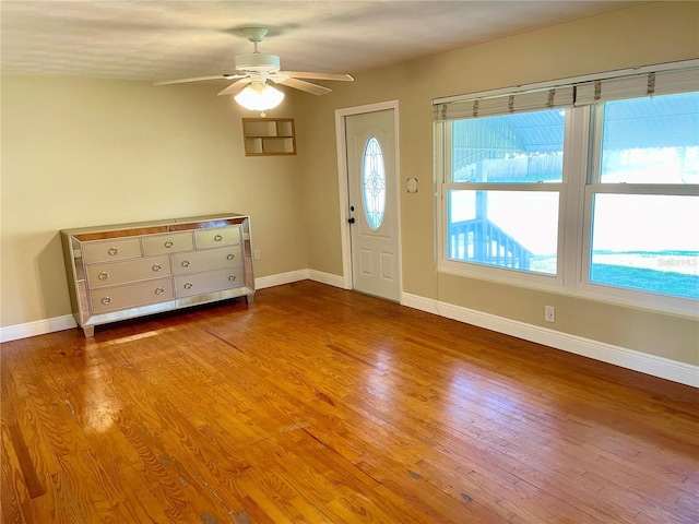 entryway featuring ceiling fan and light wood-type flooring