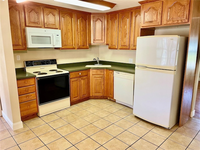 kitchen featuring sink, light tile patterned floors, and white appliances