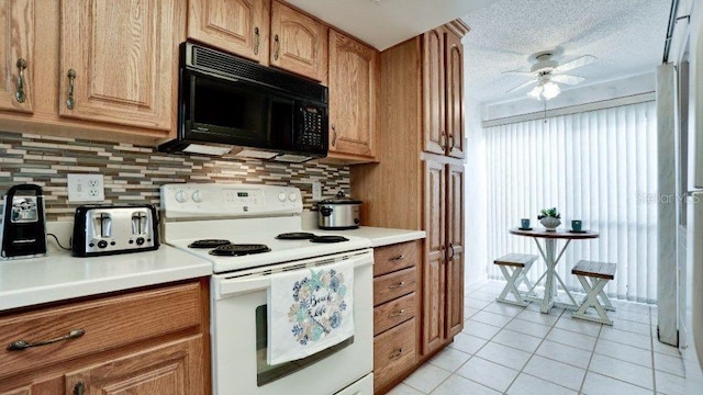 kitchen featuring white electric range, ceiling fan, decorative backsplash, light tile patterned floors, and a textured ceiling