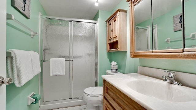 bathroom with vanity, toilet, and an enclosed shower