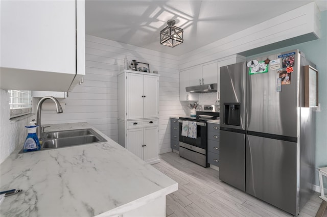 kitchen featuring sink, wood walls, light hardwood / wood-style floors, white cabinets, and appliances with stainless steel finishes