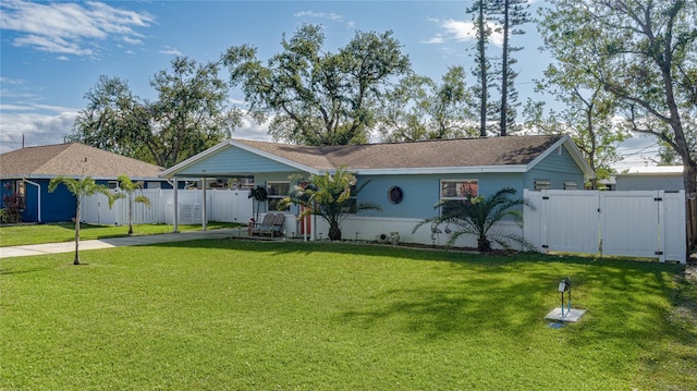 single story home with a front lawn and a carport