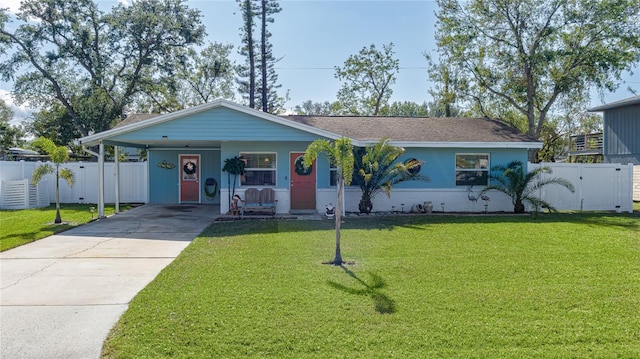 single story home with a front lawn, a porch, and a carport