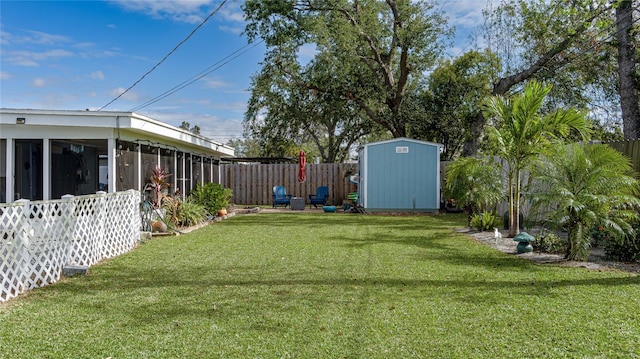 view of yard with a sunroom and a storage unit