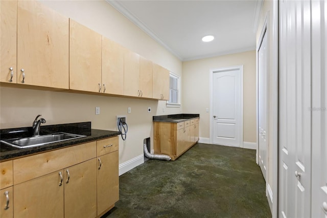 kitchen with sink, light brown cabinets, and ornamental molding