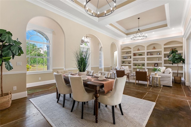 dining room with an inviting chandelier, built in shelves, and crown molding