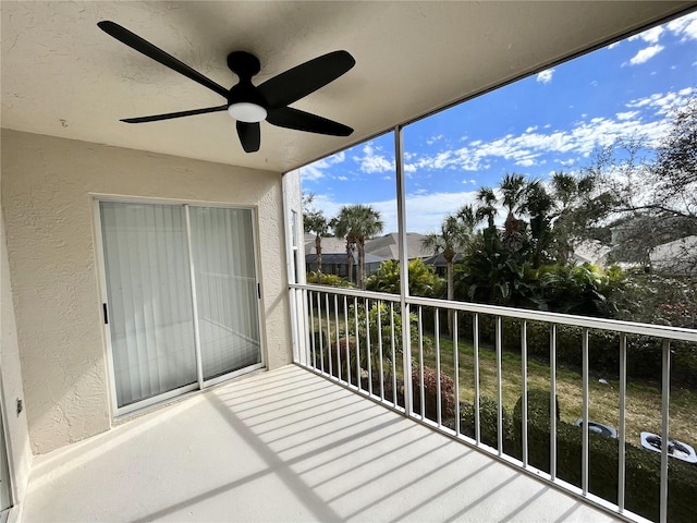 balcony featuring ceiling fan