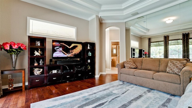 living room featuring a raised ceiling, crown molding, and dark wood-type flooring