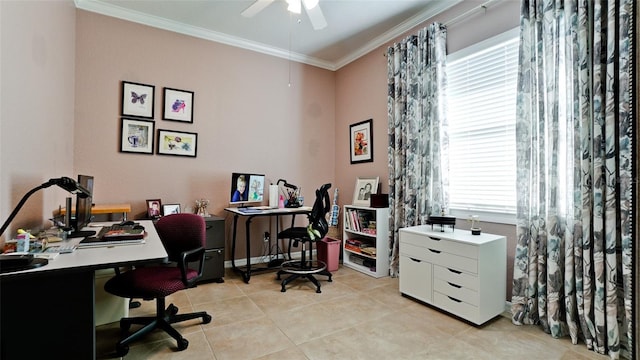 tiled office space with ceiling fan and ornamental molding