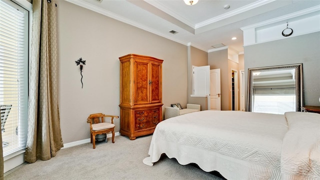 carpeted bedroom with ornamental molding