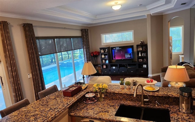 living room featuring a tray ceiling, crown molding, and sink