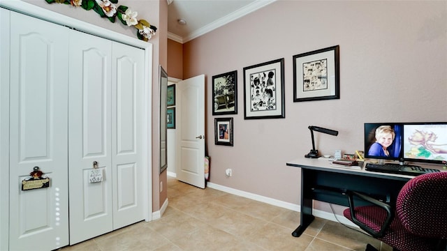 office with light tile patterned floors and crown molding