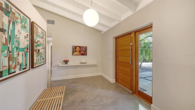 doorway with wooden ceiling, concrete flooring, and vaulted ceiling with beams