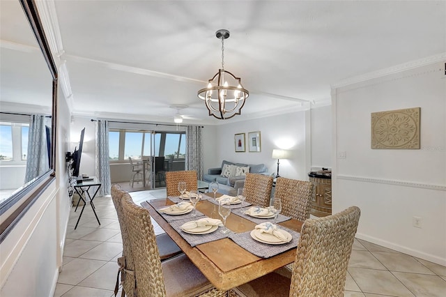 1200 E Peppertree Ln Unit 607, Sarasota, FL 34242 - dining space with light tile patterned flooring, a chandelier, a ceiling fan, and ornamental molding