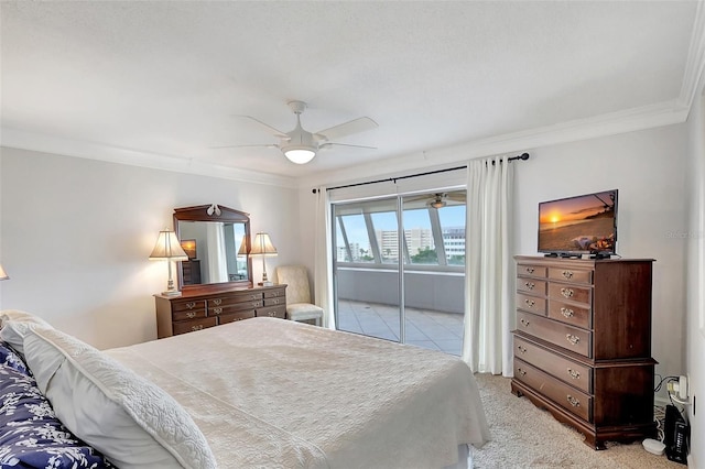 1200 E Peppertree Ln Unit 607, Sarasota, FL 34242 - bedroom featuring ornamental molding, access to exterior, light carpet, and ceiling fan