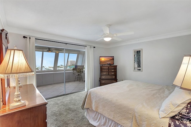 bedroom with access to outside, ceiling fan, crown molding, and light colored carpet