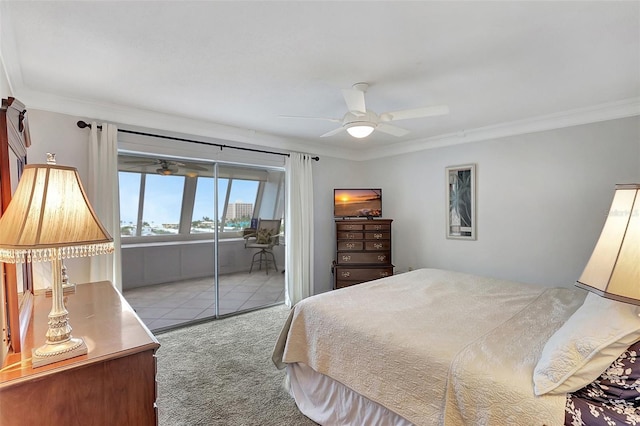 1200 E Peppertree Ln Unit 607, Sarasota, FL 34242 - carpeted bedroom with access to outside, ornamental molding, and ceiling fan