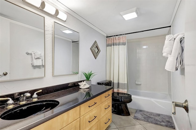1200 E Peppertree Ln Unit 607, Sarasota, FL 34242 - bathroom featuring tile patterned flooring, vanity, crown molding, and shower / bath combo with shower curtain