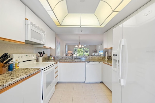 kitchen with sink, an inviting chandelier, kitchen peninsula, white appliances, and white cabinets