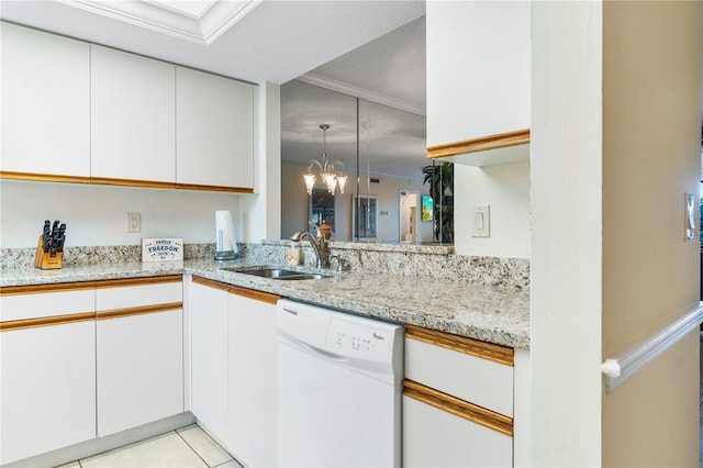 kitchen featuring dishwasher, white cabinets, crown molding, sink, and a notable chandelier