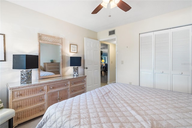 bedroom featuring ceiling fan and a closet