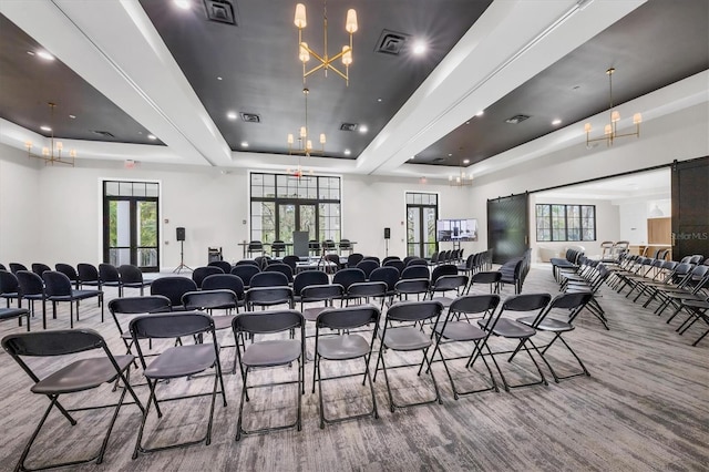 interior space featuring beamed ceiling, a raised ceiling, and an inviting chandelier