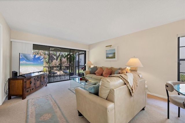 living room featuring light colored carpet