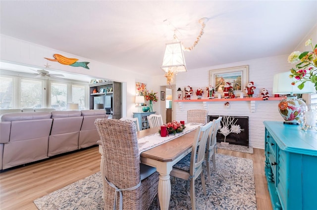 dining area with ceiling fan and light wood-type flooring