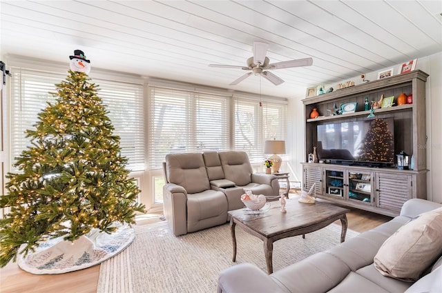 living room with ceiling fan, hardwood / wood-style floors, and wooden ceiling