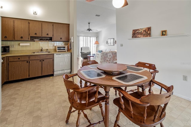 dining area with ceiling fan and sink