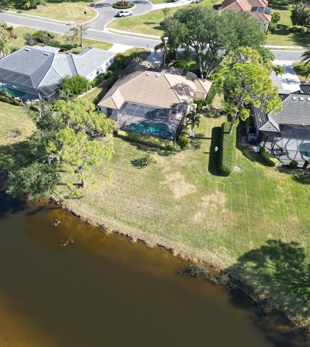 aerial view featuring a water view