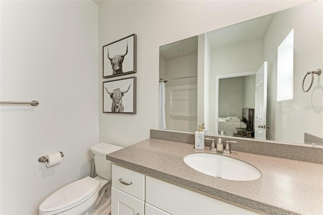 bathroom featuring a shower, vanity, and toilet