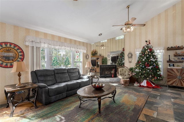 living room with ceiling fan