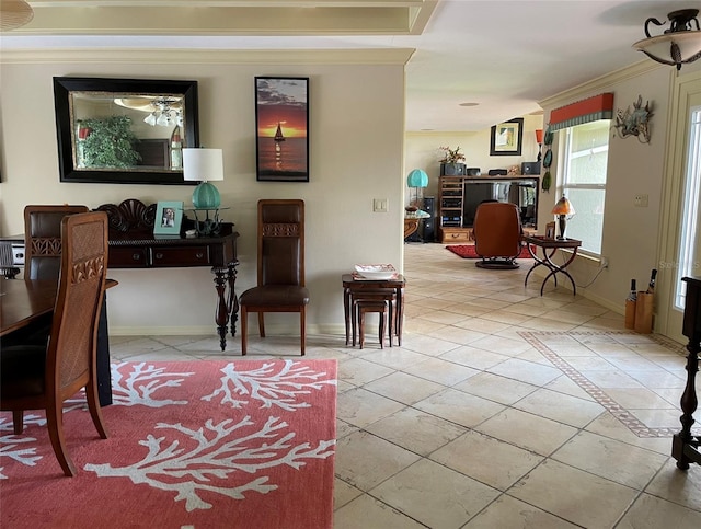 tiled dining area with ornamental molding