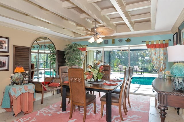 dining area with beam ceiling, ceiling fan, a healthy amount of sunlight, and ornamental molding