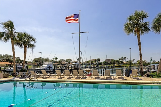 view of swimming pool featuring a water view