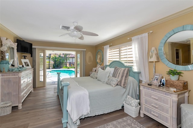 bedroom with access to exterior, ceiling fan, crown molding, and wood-type flooring