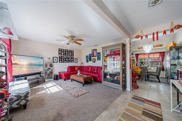 living room featuring tile patterned floors and ceiling fan