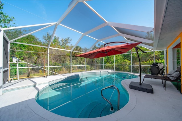 view of swimming pool with a lanai and a patio