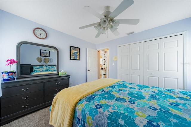 bedroom featuring carpet flooring, a closet, and ceiling fan