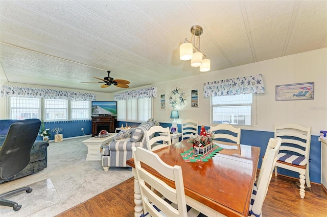 dining area with a textured ceiling, dark hardwood / wood-style floors, and a healthy amount of sunlight