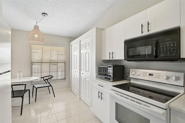 kitchen featuring a textured ceiling, light tile patterned floors, white electric stove, white cabinets, and hanging light fixtures