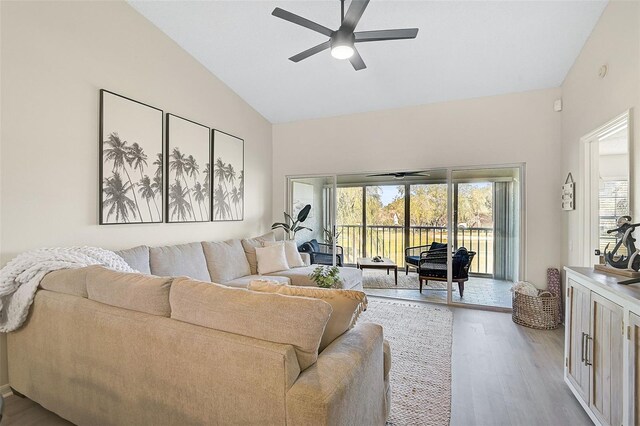 living room featuring ceiling fan, a healthy amount of sunlight, lofted ceiling, and light wood-type flooring