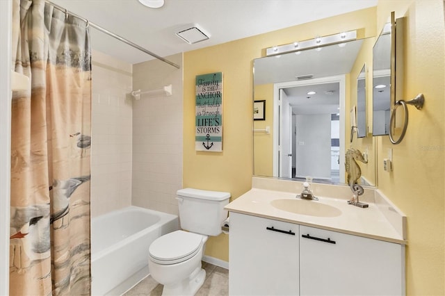 bathroom with toilet, shower / tub combo with curtain, tile patterned floors, baseboards, and vanity