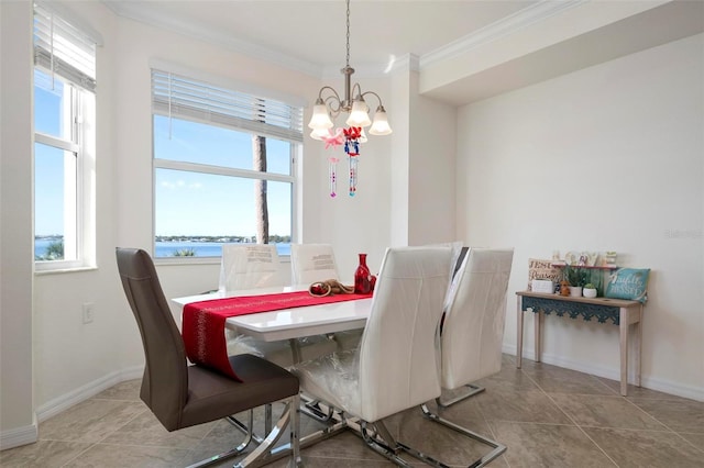 dining room featuring a water view, crown molding, a notable chandelier, and light tile patterned flooring